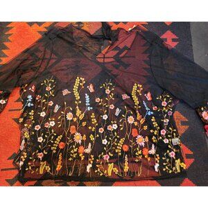 NEW Sheer Black Embroidered Floral Mesh Top By Grand & Greene 3X